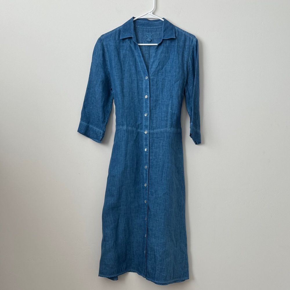 120% Lino 100% Linen Blue Button Front Tie Waist Midi Shirt Dress Size: 42
